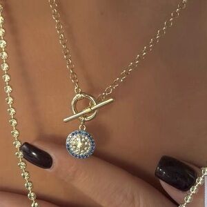 Blue Zircon T-Bar Toggle Necklace | Waterproof 14K Gold Plated